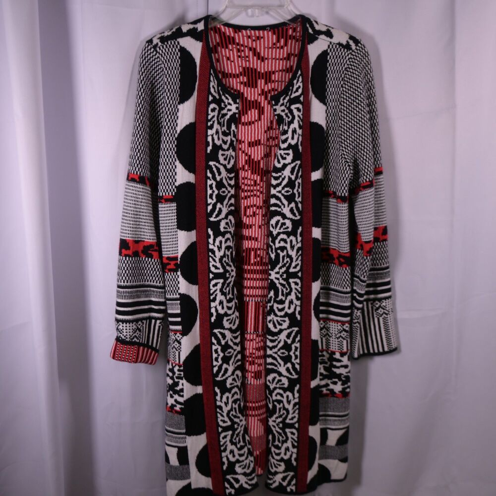 Chico's Natasha‎ Cardigan Black White Mixed Pattern Open Front Womens Medium